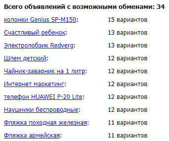 Пример результата выборки инструмента "доступные обмены"