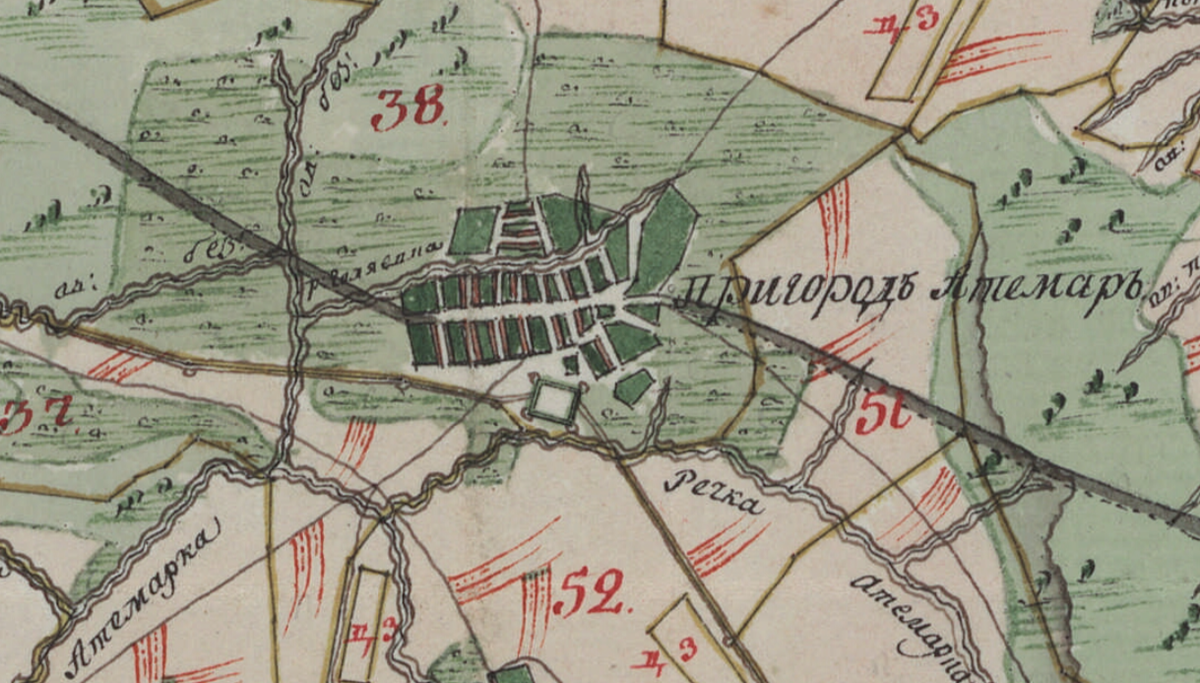 Атемар на карте Саранского уезда. Конец XVIII в. Место крепости отмечено. 