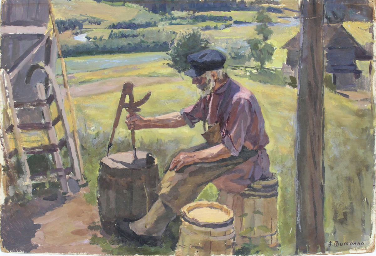 Бондарь на Руси изготавливает бочку