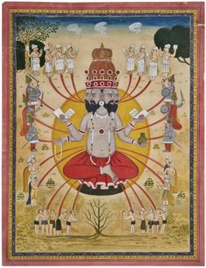 И-2047-VII  Происхождение каст. Художник А.Г. Алексеев. Ленинград. Первая половина XX в. Бумага, акварель. В индуизме считается, что представители различных социо-религиозных сословий произошли из разных частей тела бога-творца Брахмы: из уст – брахманы (они постоянно повторяют священные тексты), из рук – кшатрии (в их руках власть), из бедер – вайшьи, из ступней – шудры.
