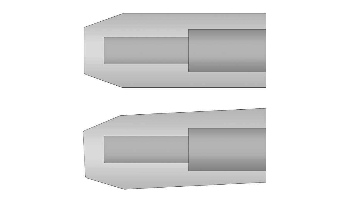 Рис. 1: Правильно установленное сопло. Рис. 2: Сопло на несколько градусов перекошено, из-за чего будет неравномерное распределение газа на выходе. 