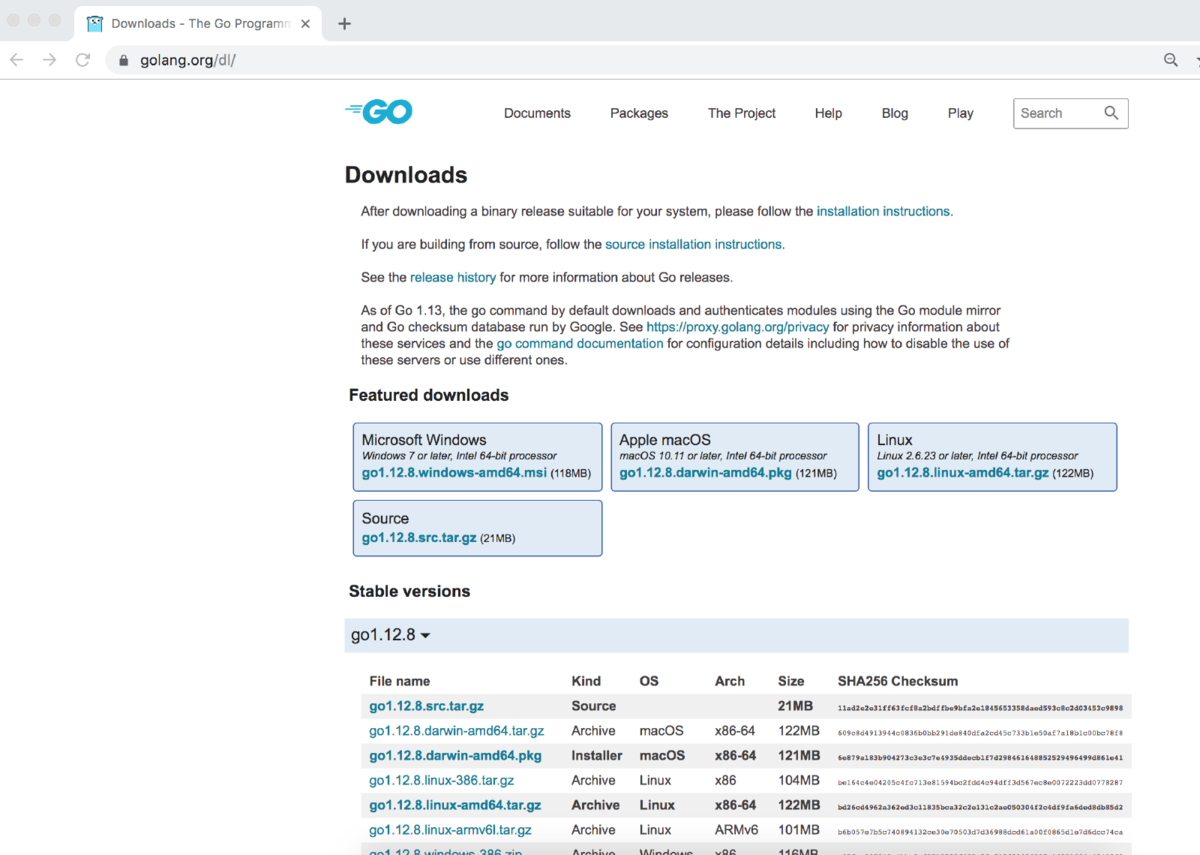 Веб-страница загрузки Go