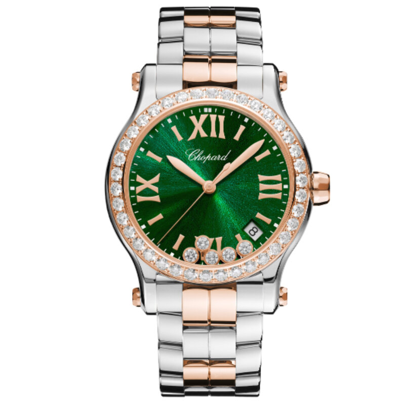 Часы Chopard Happy Sport с 36 мм корпусом из стали и розового золота с бриллиантами и плавающими бриллиантами