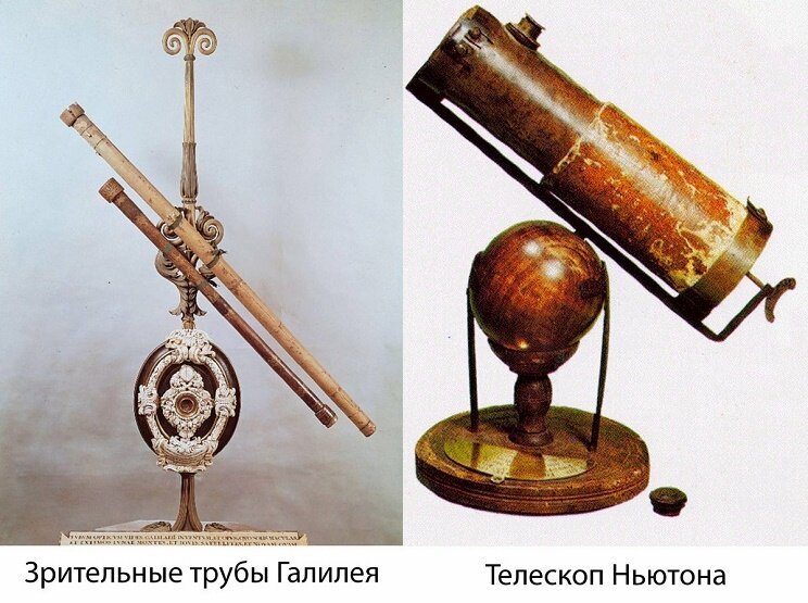 Телескоп  рефрактор Галилея 16 век и телескоп рефлектор Ньютона 17 столетие.