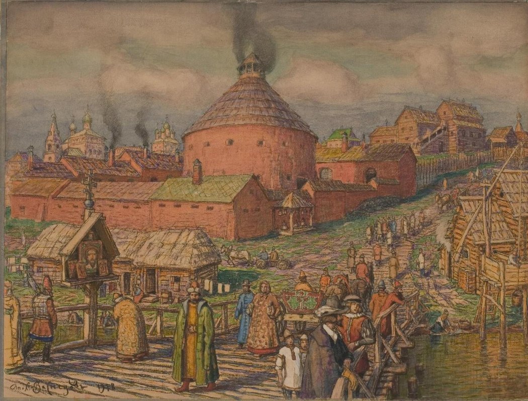 Мастер исторической реконструкции Аполлинарий Михайлович Васнецов создал «Пушечно-литейный двор на реке Неглинной в XVII веке» в 1920 году специально для Музея коммунального хозяйства Москвы, который сейчас называется Музеем Москвы. Фото: Музей Москвы, https://mm.museum-online.moscow/