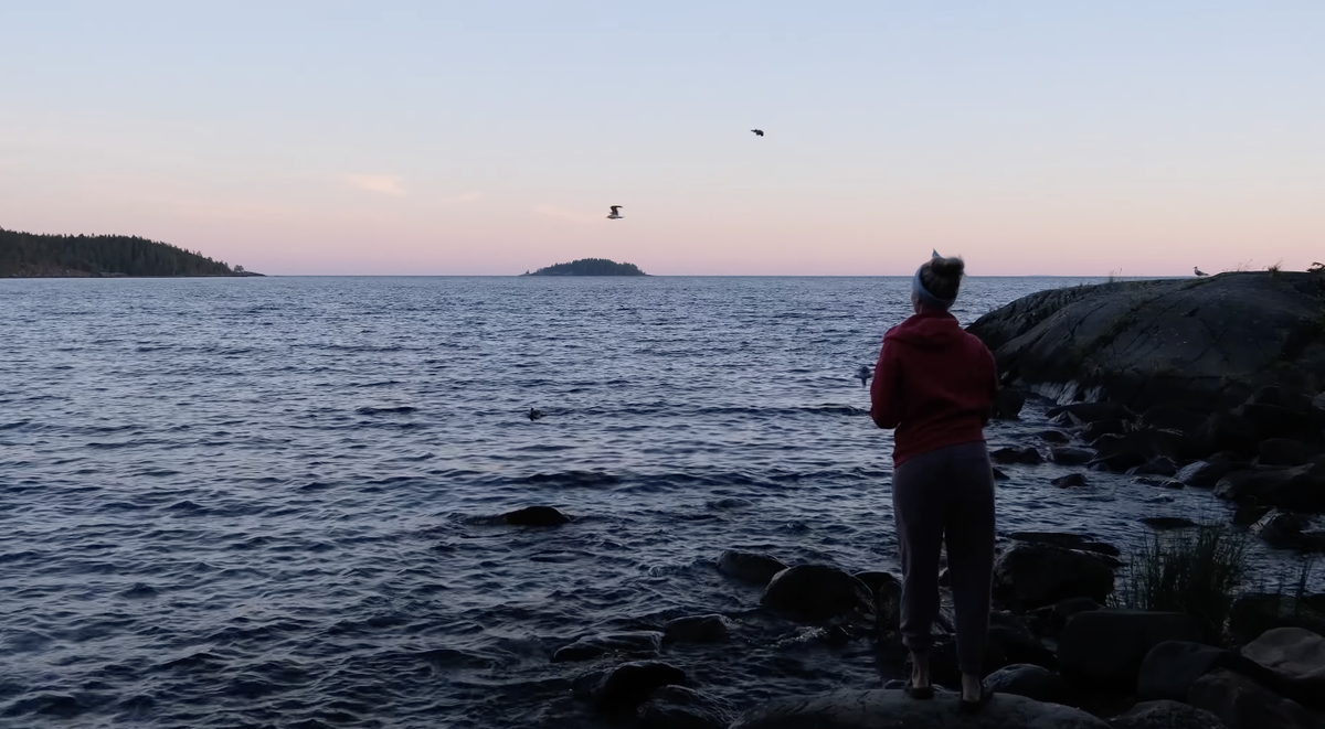 Катя кормит чаек