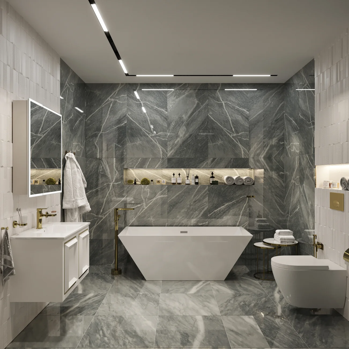 Площадь ванной комнаты — 9,8 м2