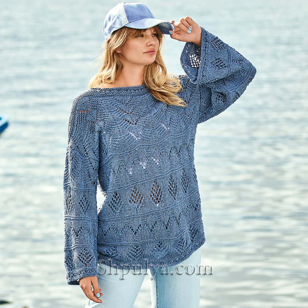 Хлопковый пуловер с миксом узоров цвета денима