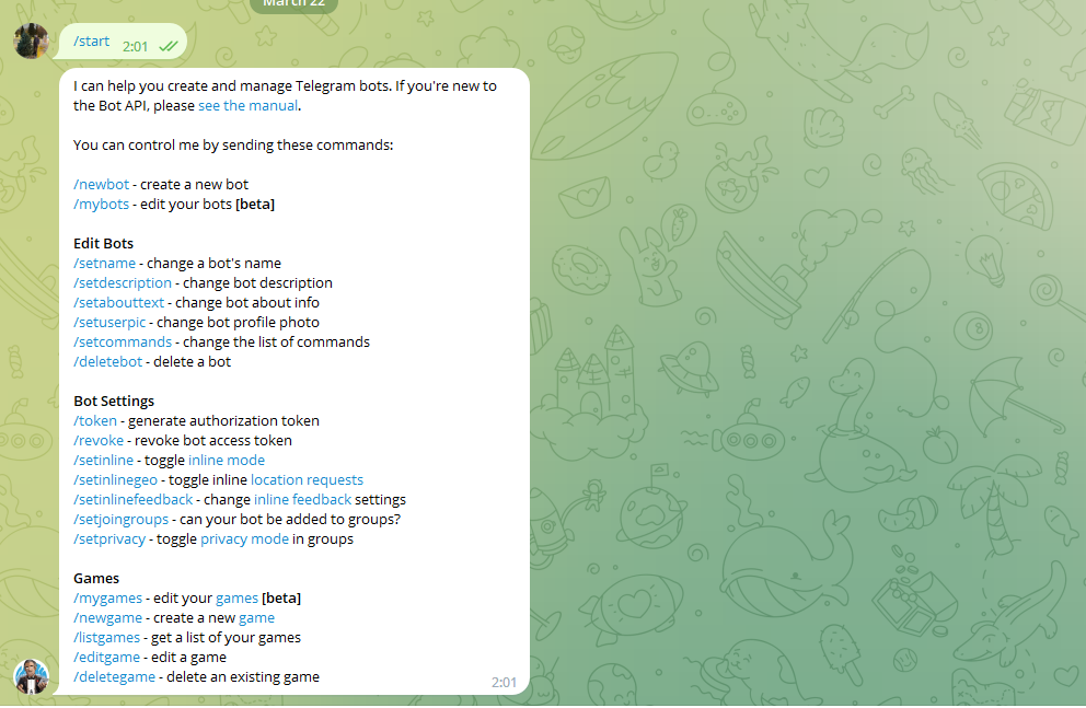 Команды, которые возвращает BotFather на нашу команду /start