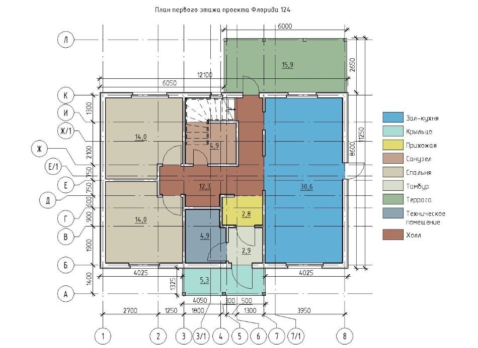План первого этажа каркасного дома Флорида 124 © CC BY Владимир Пустоход, 2019