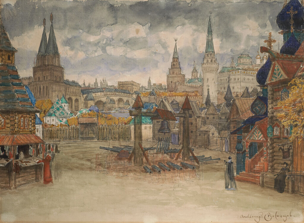 А.М. Васнецов. Эскиз декорации «Стрелецкая слобода». Из собрания Государственной Третьяковской галереи.