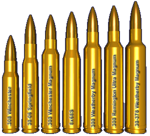 Сравнение размеров патронов. 6 из 7 кроме центрального в калибре 7.62