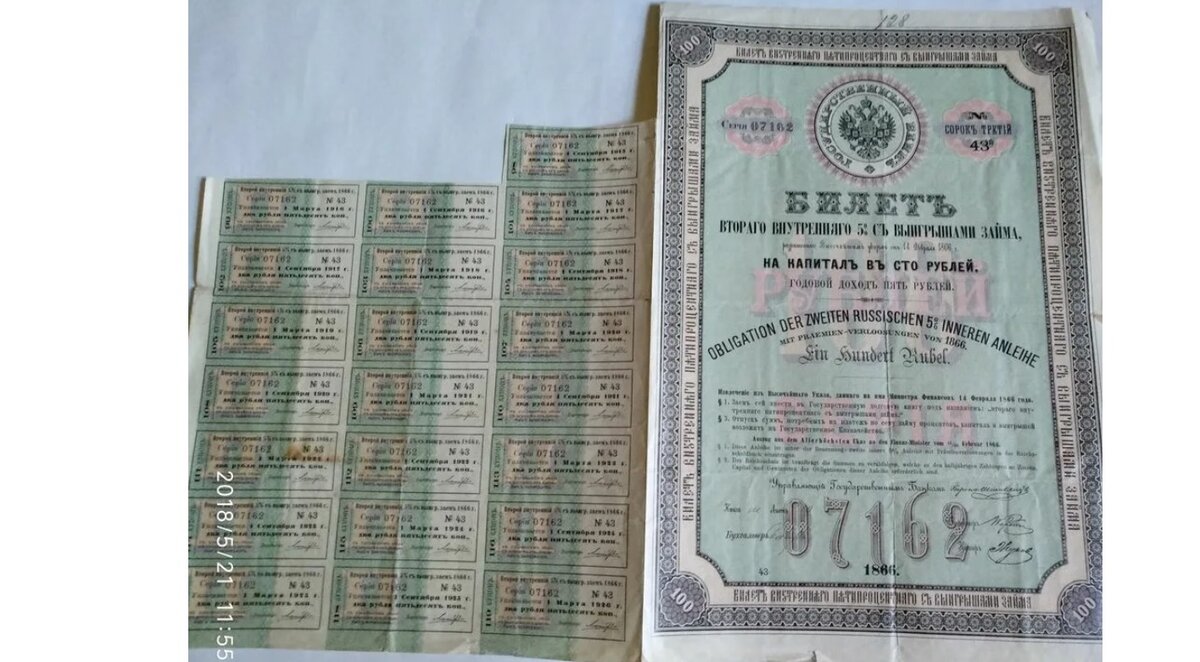 Билет внутреннего займа с купонами. Источник фото http://ay.by/lot/gosudarstvennyj-bank-bilet-vtorago-vnutrennyago-5-s-vyigryshami-zajma-1866-g-na-kapital-v-sto-rublej-5020562069.html