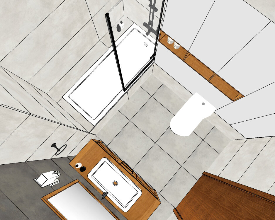 Вид сверху. За унитазом -большой шкаф. В нем спрятались трубы, гребенки, счетчики и большое пространство для хранения.