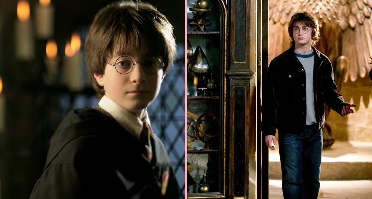 Кадры из фильмов «Гарри Поттер и философский камень» (Дэниелу 10 лет) и «Гарри Поттер и Кубок огня» (Дэниелу 15 лет)