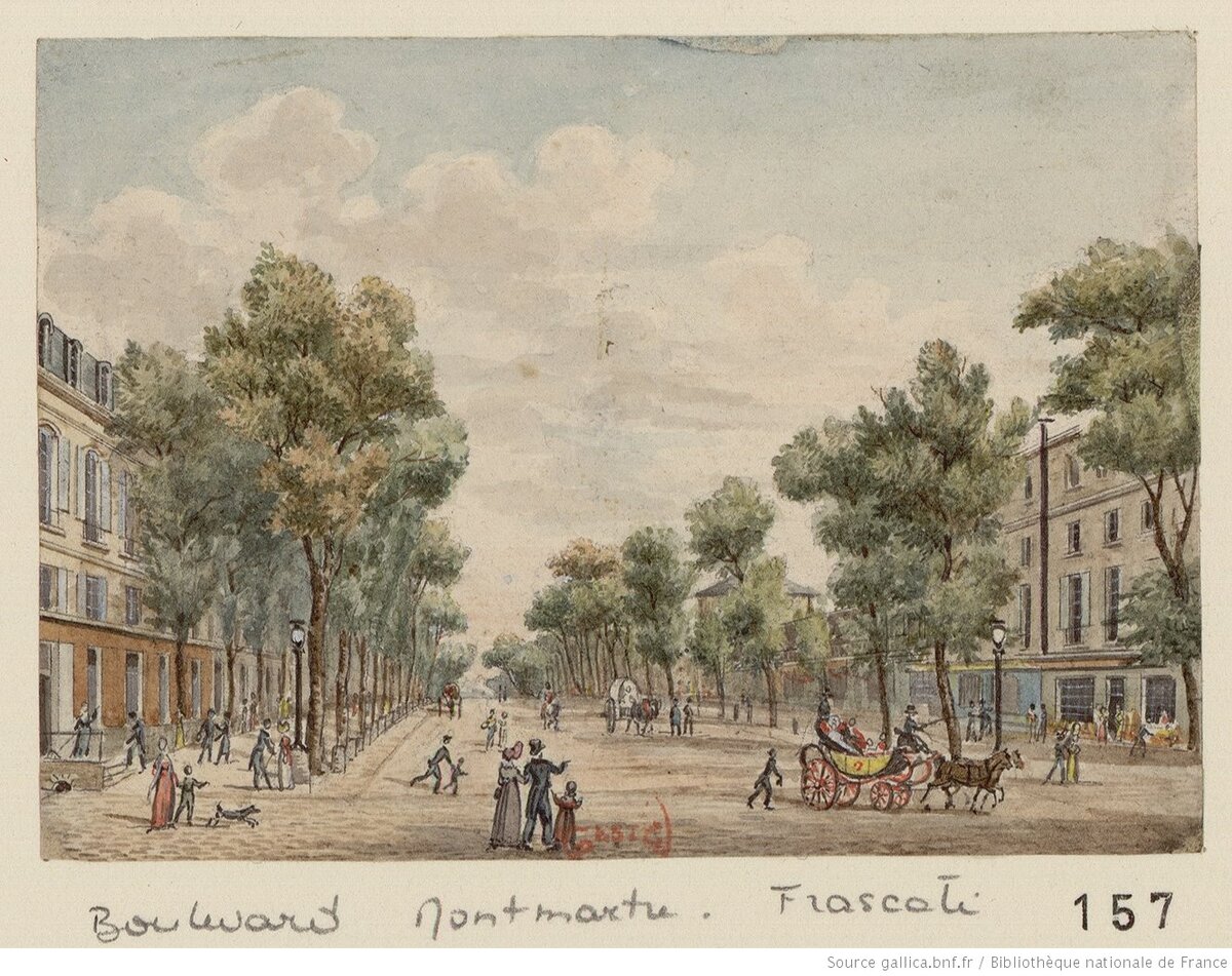 Civeton Christophe. Бульвар Монмартр и кафе Фраскатти. © Bibliothèque nationale de France Но где на этом рисунке Фраскатти, справа или слева не могу идентифицировать. 