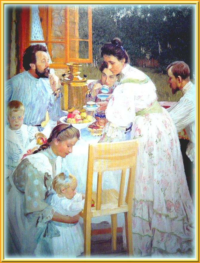 Чаепитие в семье. Б. М. Кустодиев. На террасе. 1906. «На террасе» Бориса Кустодиева.