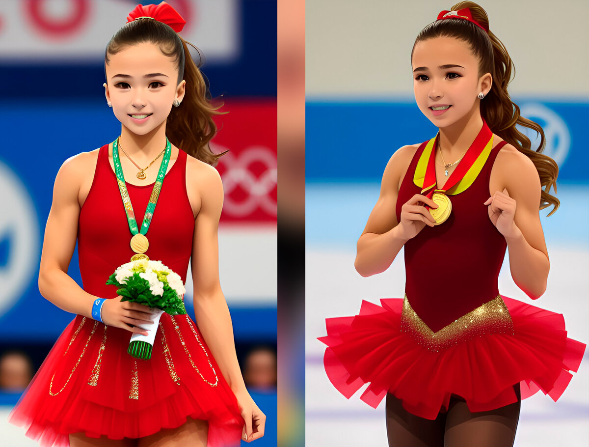 Вот так выглядит Алина Загитова по мнению нейросети (по-моему здесь она больше похоже на Камилу Валиеву). 