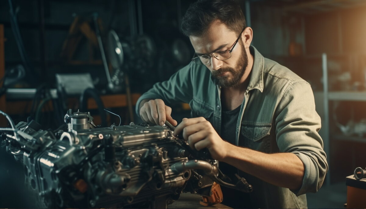 Мастер выполняет ремонт двигателя Deutz