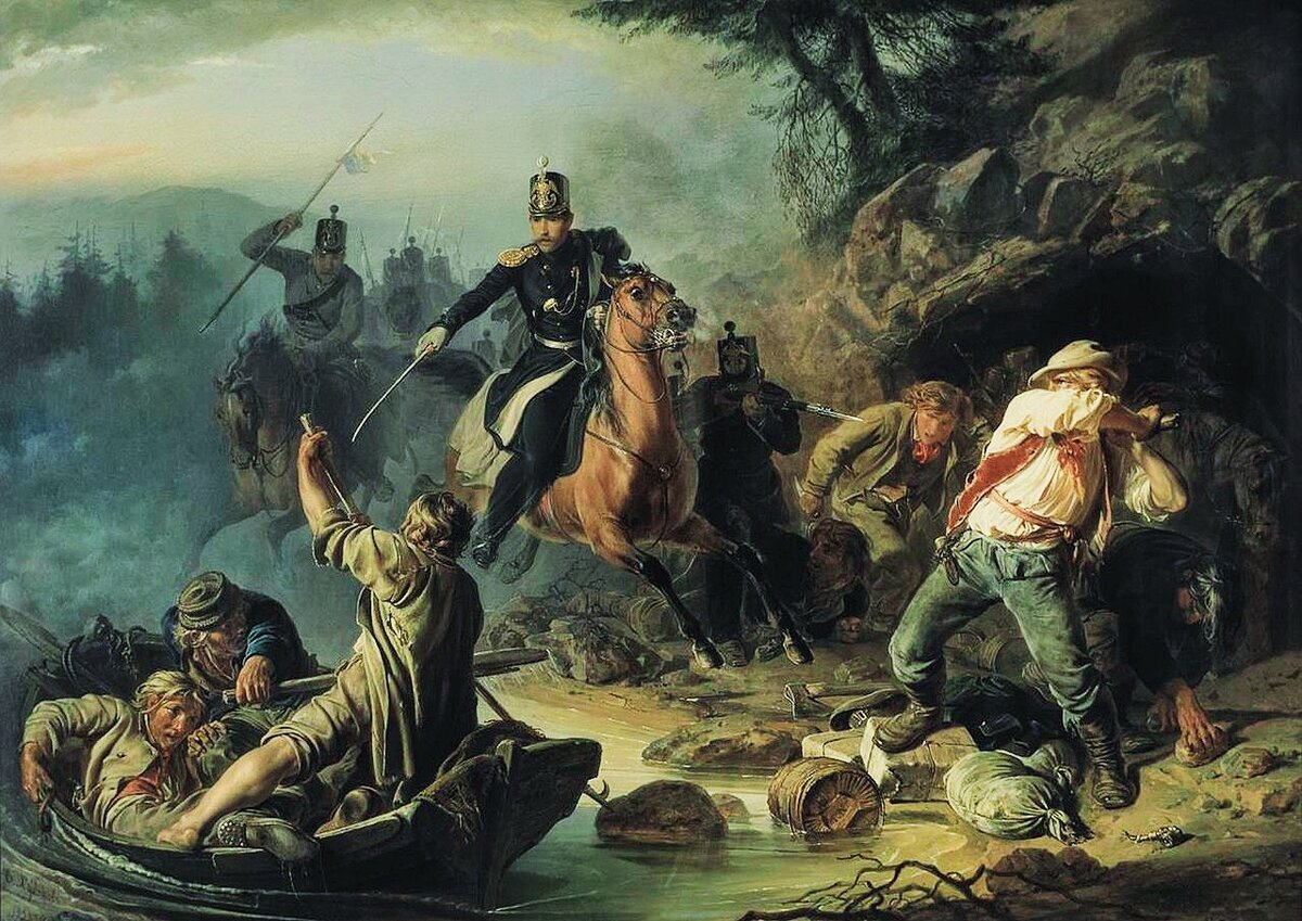 «Стычка с финляндскими контрабандистами». Художник В. Худяков, 1853 г.