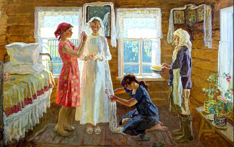 Ткачева Елена Алексеевна (род. 1959), Перед свадьбой. 1983, холст, масло.