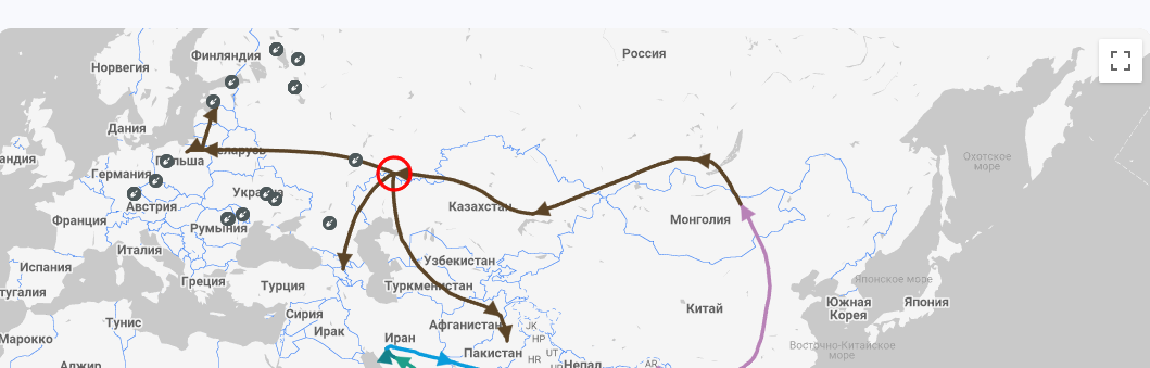 Рис.1 Красный кружок - место вероятного возникновения R1a в Волго-Уральском регионе (миграция носителей R1 и место возникновения R1a взяты с сайта familytreedna.com)