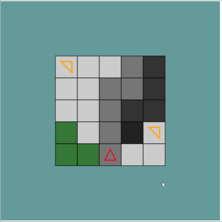 Пример передвижения героя по карте и затенение недоступных зон