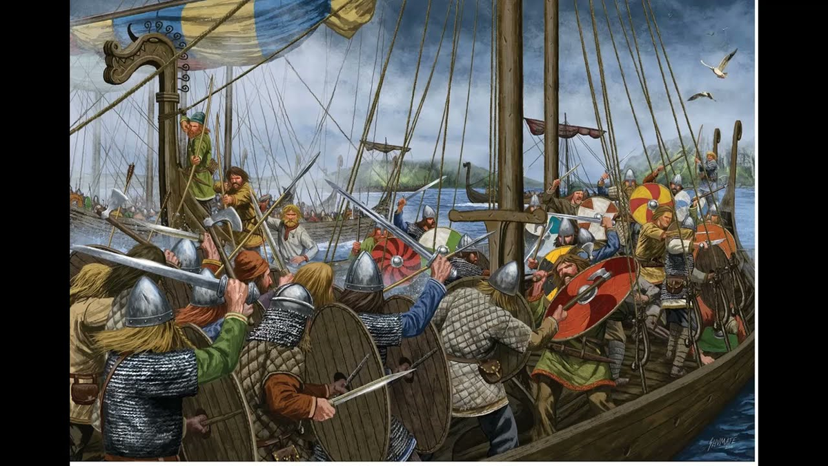 Волжские ушкуйники грабят купцов под желто-синими парусами.