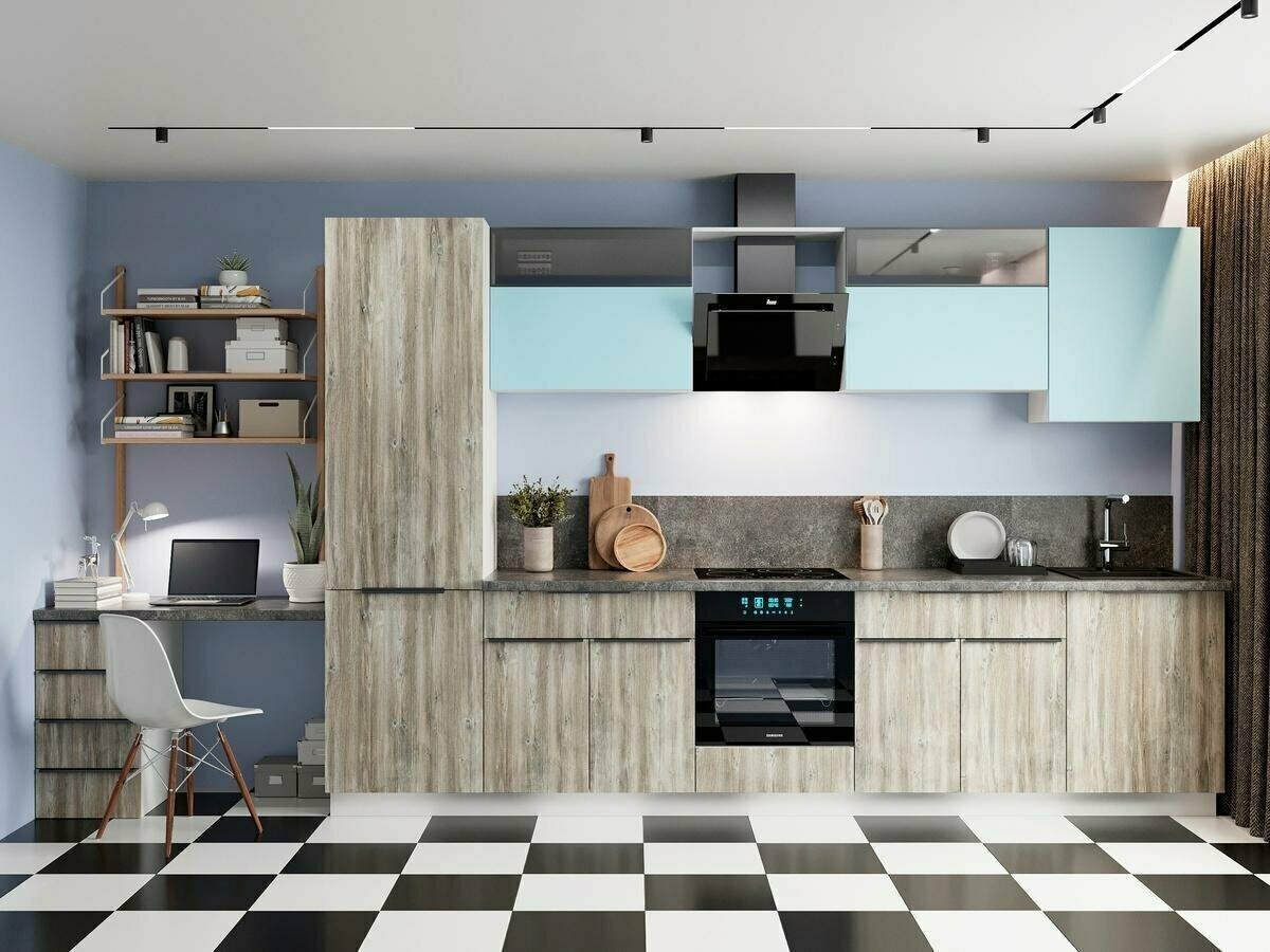 Кухня с рабочим местом Мегабайт от компании Супер-К на Мартынова 13, Красноярск. Размеры данного образца: Ширина: 3 400 мм, Высота: 2 244 мм, Глубина: 600 мм