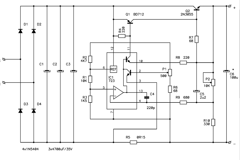 Принципиальная схема блока питания на LM723