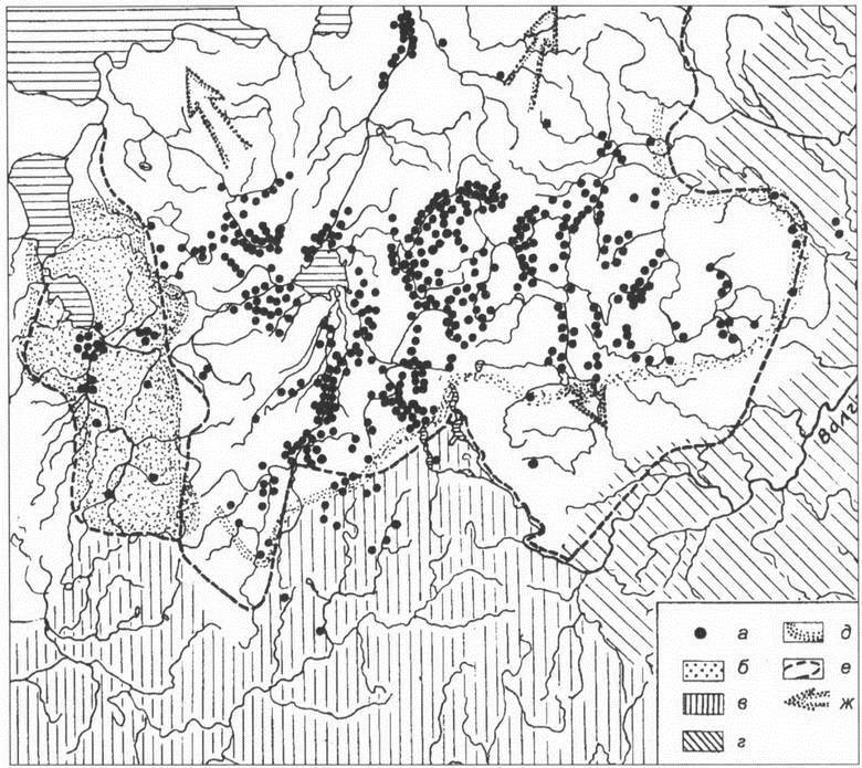 Территория расселения племени словен по расположению сопок IX-XI веков (обозначены чёрными точками). 