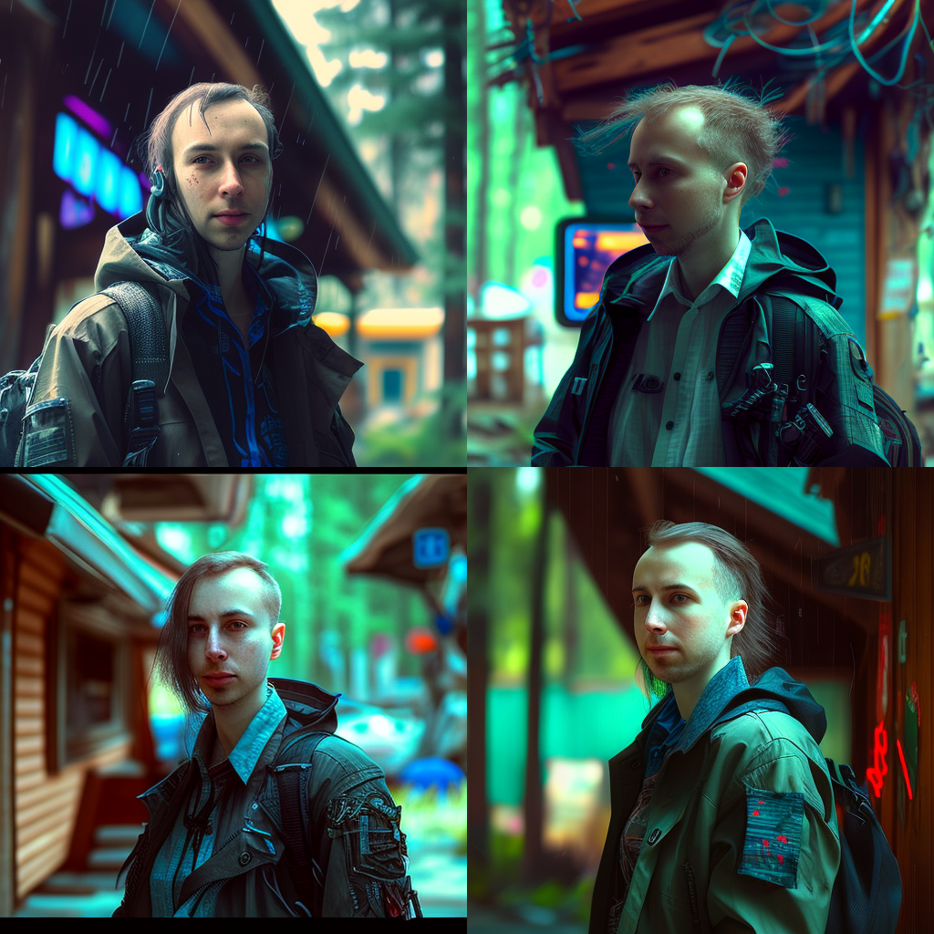 Конечно, для начала захотелось скормить нейросети свое фото и увидеть автопортрет, например в стиле киберпанк. Результатом я остался не слишком доволен, больше похоже на панка из русской кибердеревни. Тем более вместо моего лица какой-то незнакомый дядька) 