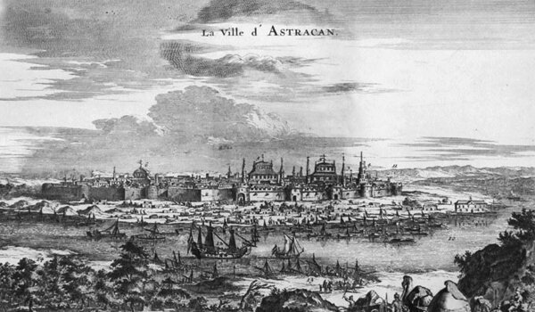 Конраад Деккер. Вид города Астрахани и фрегата «Орёл» с флотилией. 1670. 