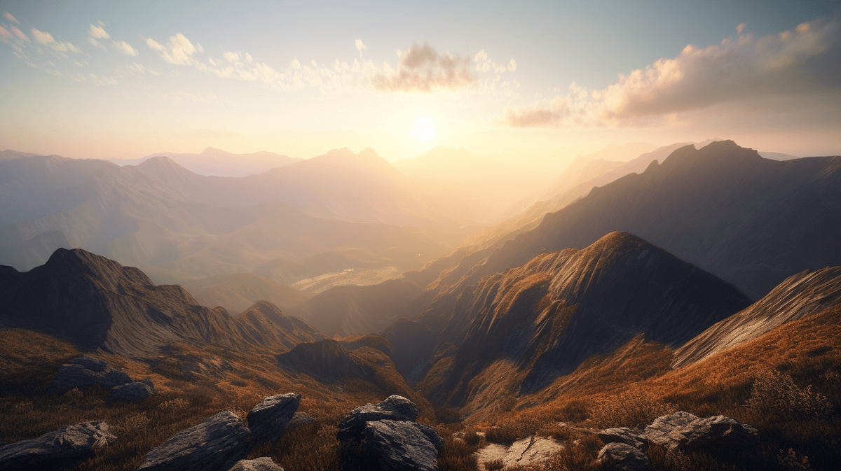 Подсказка: Generate a photorealistic image of a majestic mountain range at sunrise, with the sun just peeking over the horizon and casting long shadows across the landscape