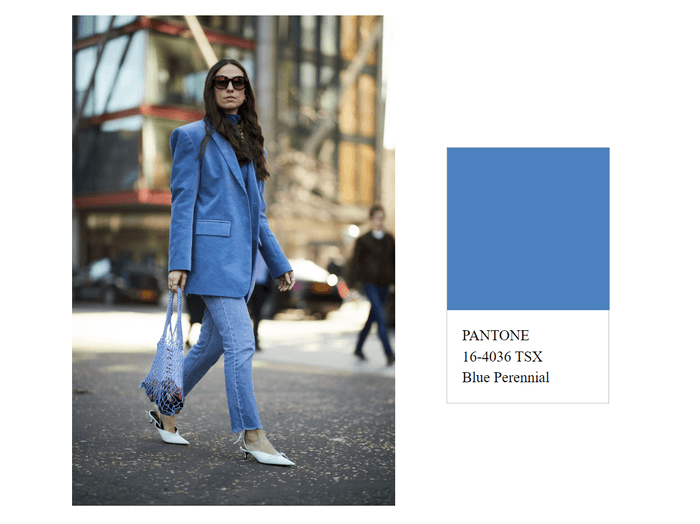 Оттенок Blue Perennial – это яркий синий. Спокойный и умиротворяющий. Хороший выбор для деловых женщин, которые хотят продемонстрировать уверенность стабильность на переговорах. Для повседневного гардероба яркий синий тоже прекрасный выбор.