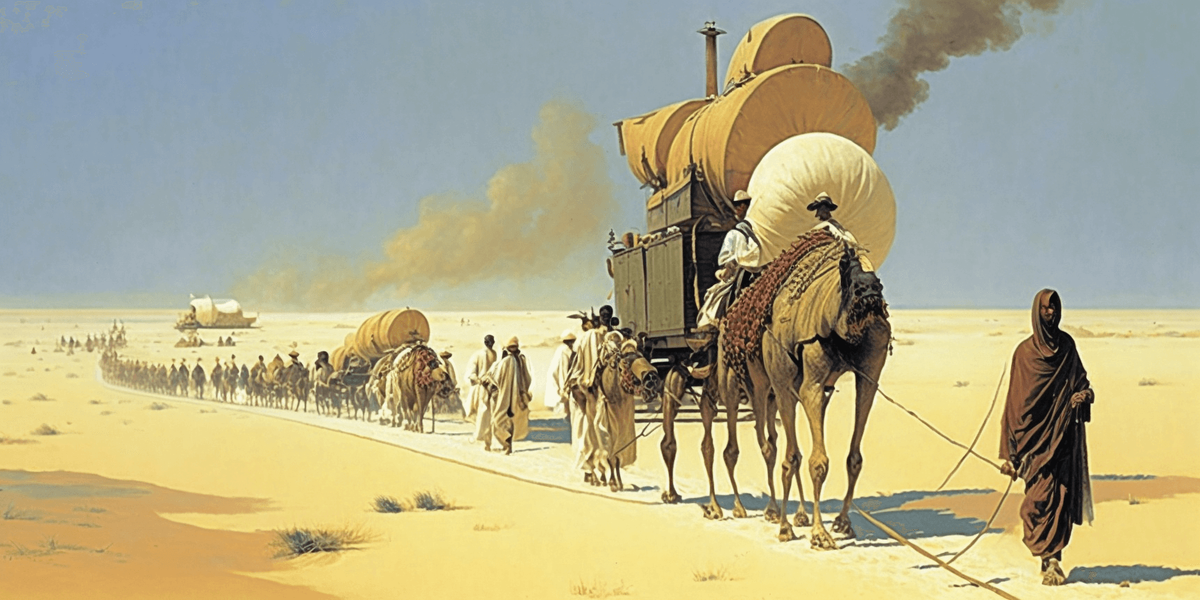  , Peter Vereshchagin: An exotic travel scene with camels and caravans crossing a desert