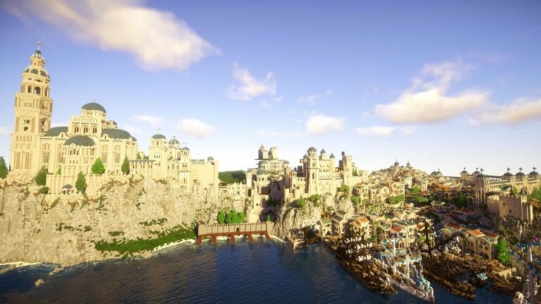 На скриншоте из Minecraft мы видим впечатляющий по своим масштабам построенный мир, который напоминает Средиземье из Властелина Колец