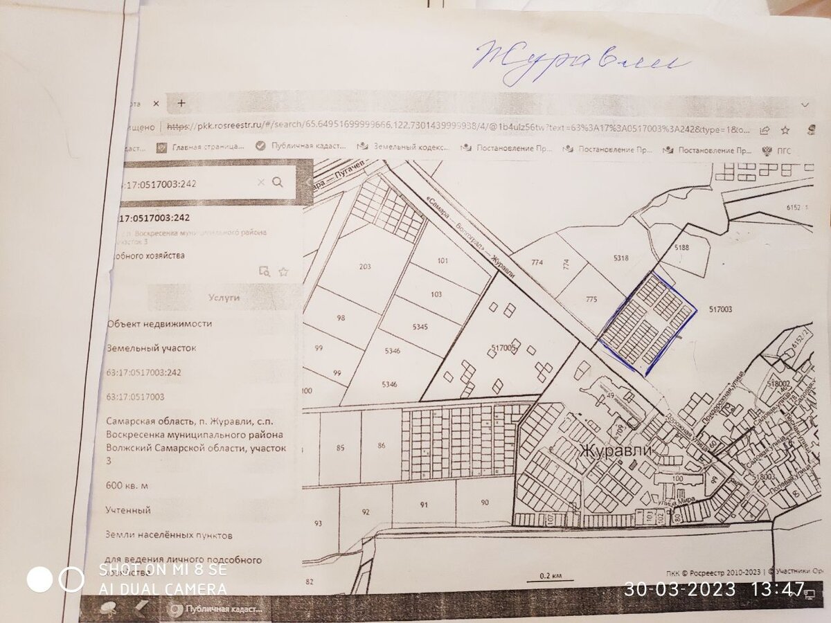 Ручкой обведены участки для многодетных. По периметру участков расположен сам поселок Журавли.