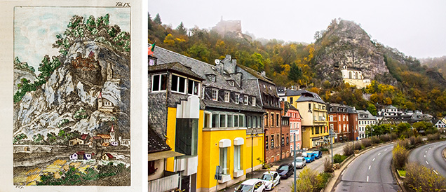 Слева: город Оберштайн, каким он был в конце 1700-х гг.  Справа: фотография Оберштейна, сделанная в конце 2015 года, удивительно похожа на набросок почти 250-летней давности.