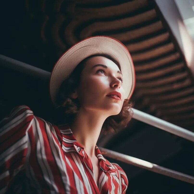 Retro style low-angle photo from below of a woman, shot on Fujifilm Pro 400H --v 5