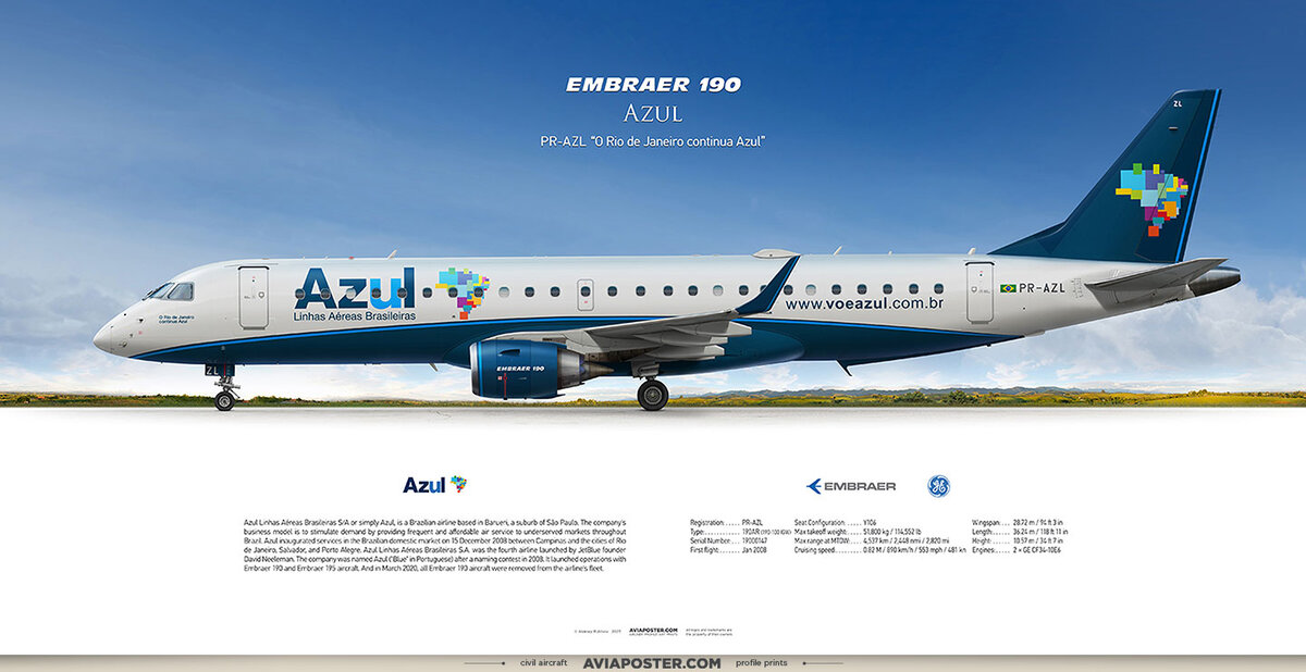 Embraer 190 Azul PR-AZL. Это был первый постер для этой авиакомпании, нарисованный в 2017 году и обновлён в 2023 году. Иллюстрация aviaposter.com
