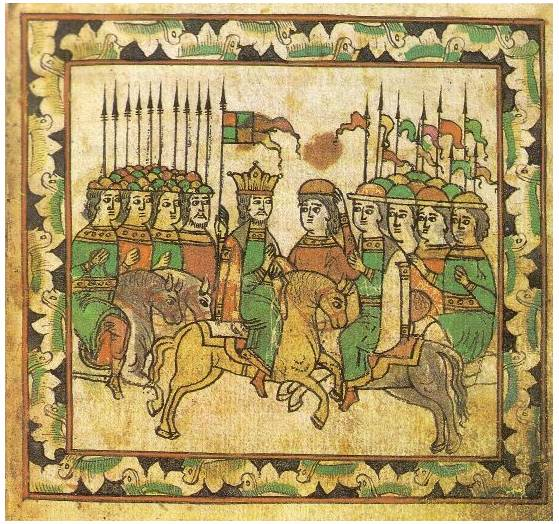 Русское войско встречает литовских союзников — князей Андрея Ольгердовича Полоцкого и Дмитрия Ольгердовича Брянского. Миниатюра из "Сказания о Мамаевом побоище"