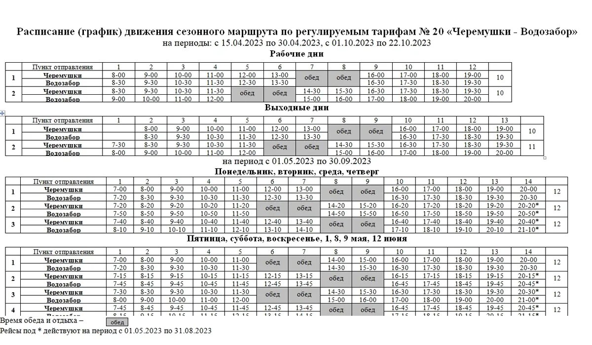 Расписание (график) движения сезонного маршрута по регулируемым тарифам № 20 «Черемушки - Водозабор» на периоды: с 15.04.2023 по 30.04.2023, с 01.10.2023 по 22.10.2023