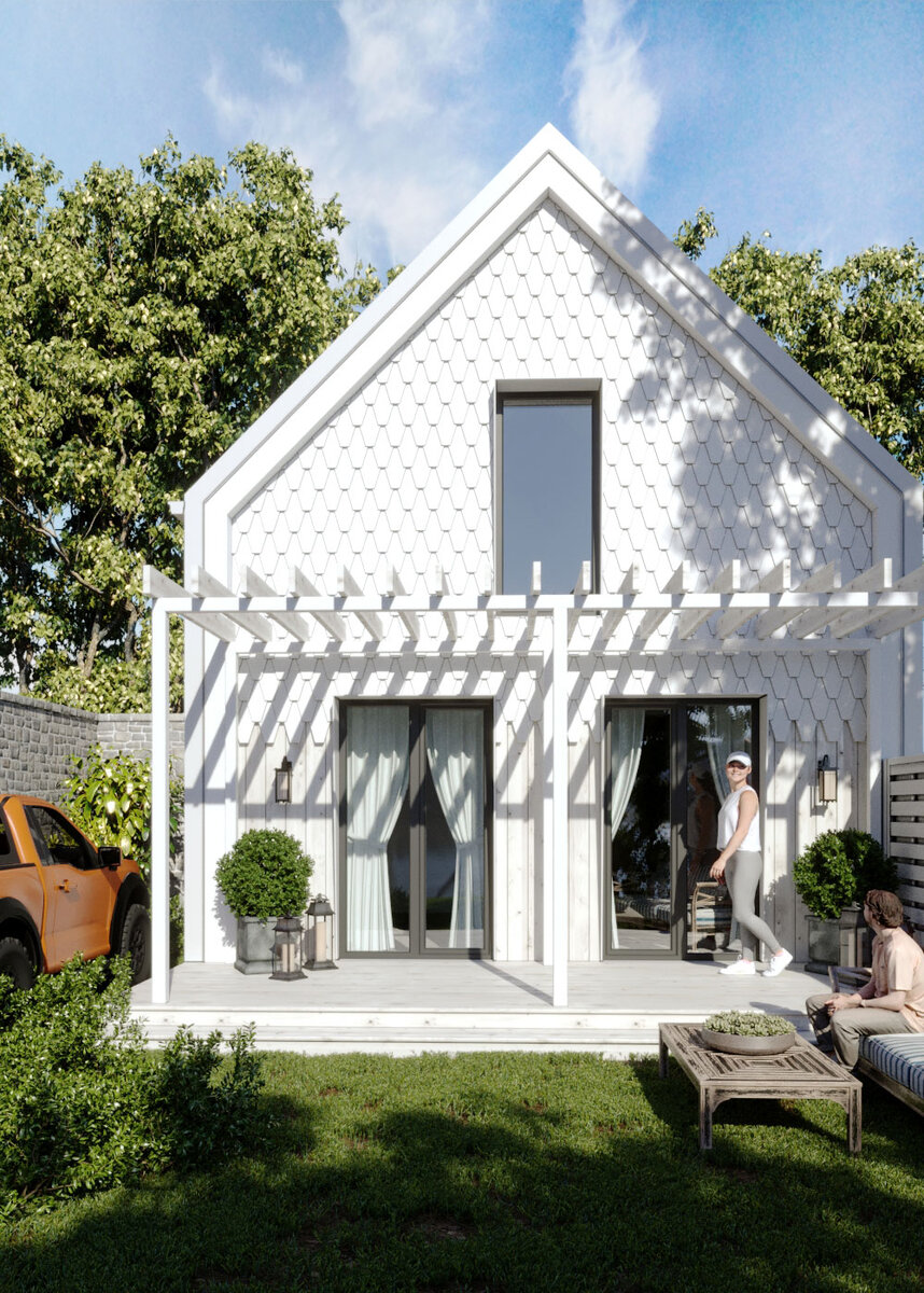 Один из наших домиков, с новой фасадной отделкой, мы производим ее в Казани, это фасадный шиндель из облегченного бетона.