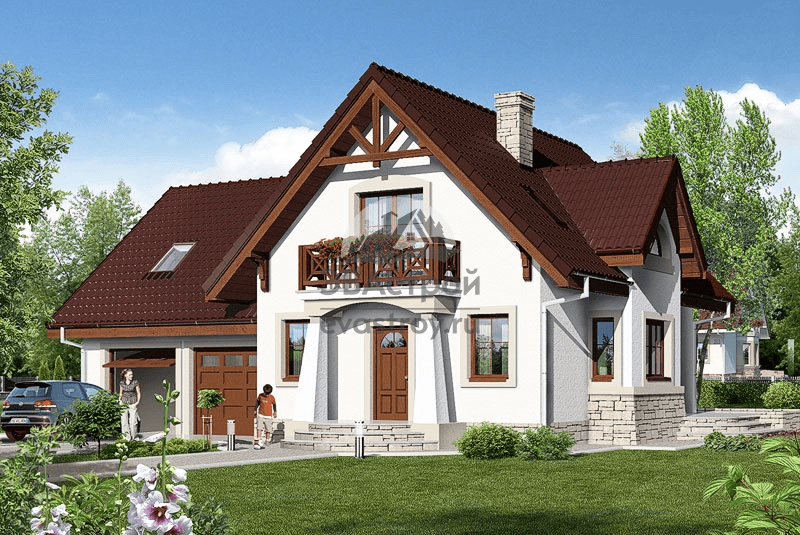 Проект дома 208 м2 с мансардой, двухместным гаражом, балконом и террасой - 104-31