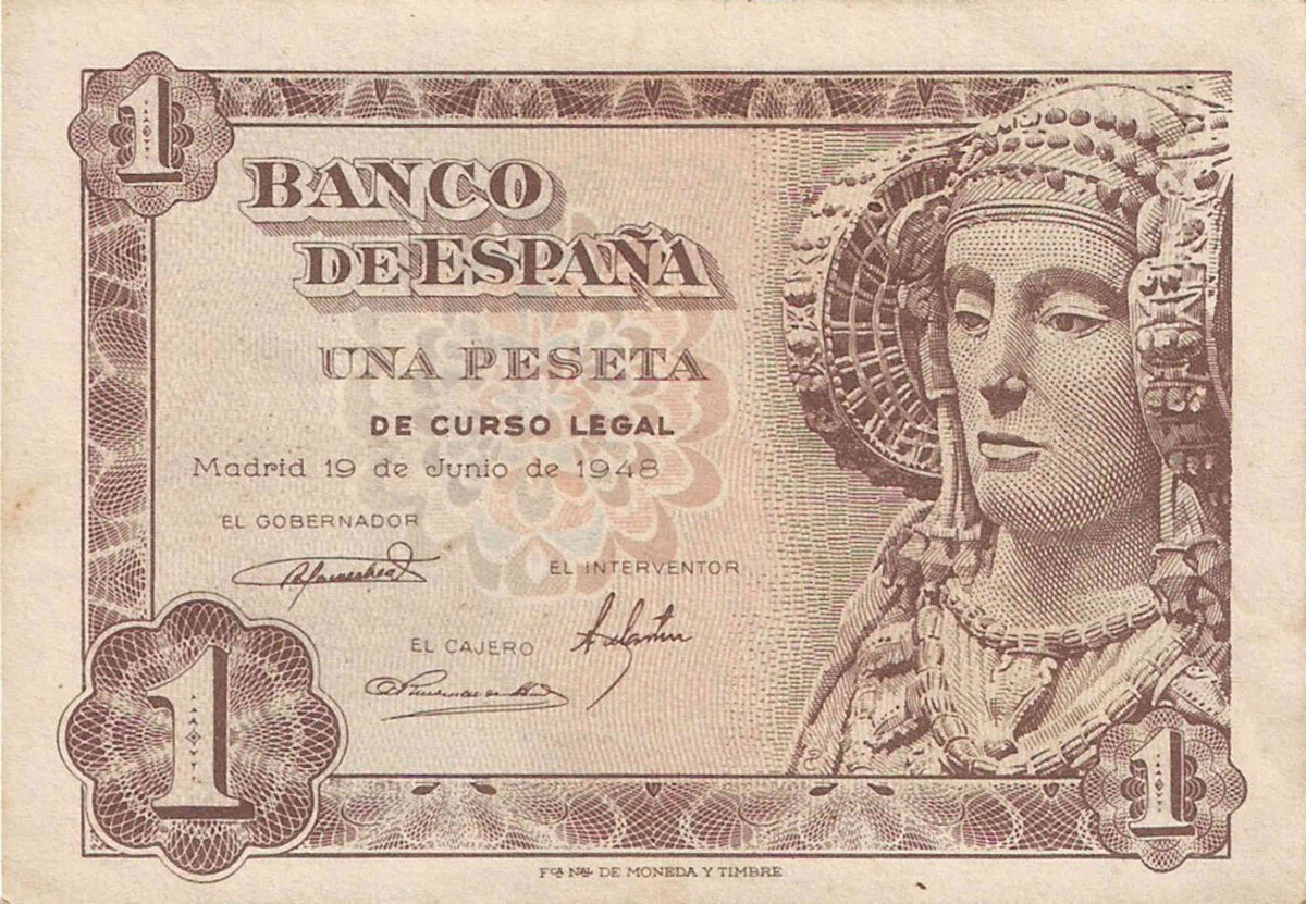 Испанская банкнота 1 песета 1948 Леди Эльче. Гравюра: José Luis López и Alfonos López Sánchez