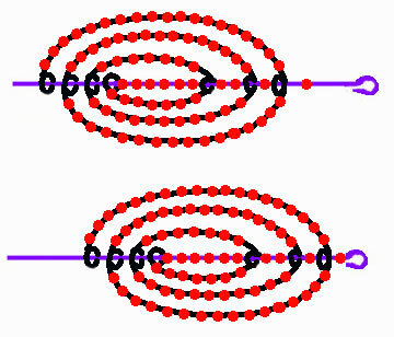 По мере необходимости нанизывают на вспомогательный конец проволоки дополнительные красные бисерины. На заключительном этапе собранный таким образом лепесток выравнивают.