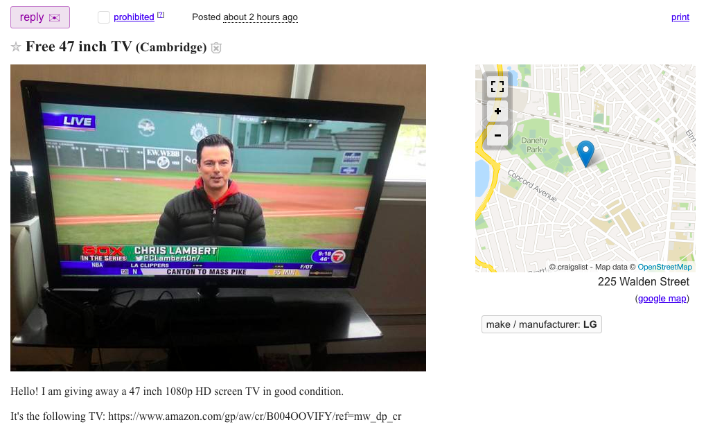 Бесплатно отдают 47-дюймовый телевизор на сайте CraigsList