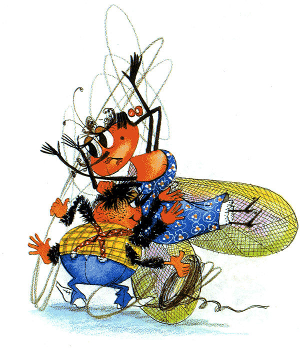 
«Дорогие гости, помогите! 
Паука-злодея зарубите! 
И кормила я вас, 
И поила я вас, 
Не покиньте меня 
В мой последний час!» 
