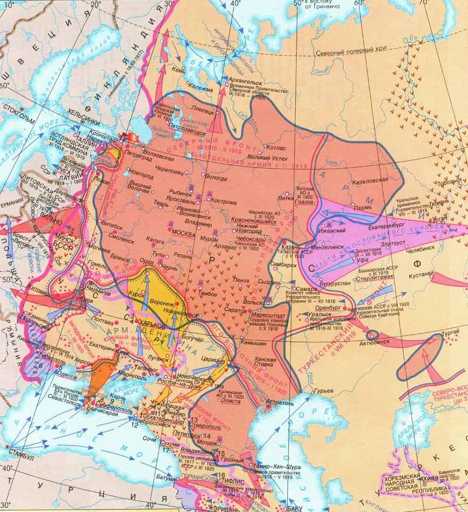 Движение на москву гражданской войны. Карта гражданской войны 1918 1919. Карта гражданской войны 1919.